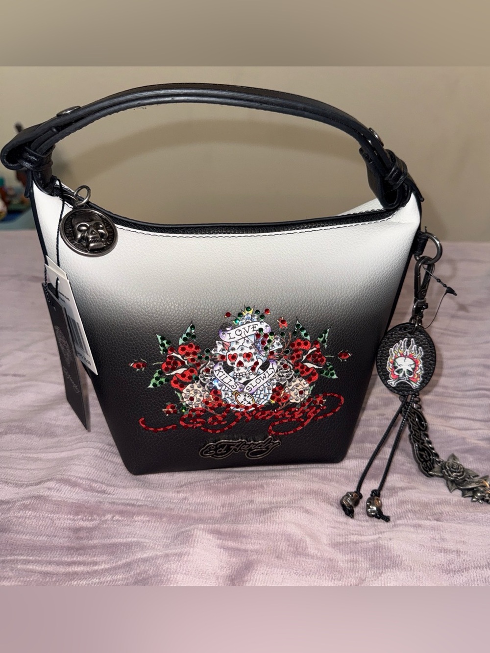 Ed Hardy Black & White Ombre Skull Floral Shoulder Bag with Red Accents